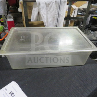 Full-size 6-inch deep food storage container with lid, clear plastic, lightly scratched, suitable for kitchen storage.