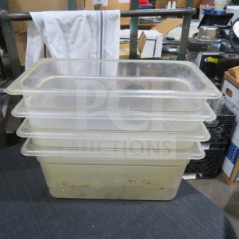 1/3 Size 6 Inch Deep Food Storage Container stack, clear plastic, used condition, for commercial kitchen use.