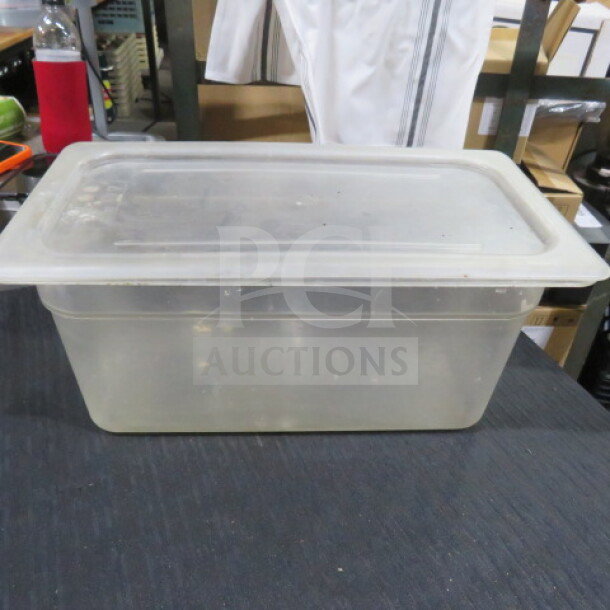 1/3 Size 6 Inch Deep Food Storage Container with Lid, clear plastic, model 4XBID, used condition.