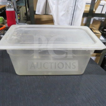 1/3 Size 6 Inch Deep Food Storage Container with Lid, clear plastic, model 4XBID, used condition.
