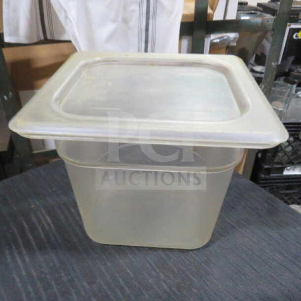 1/6 size 6-inch deep food storage container with lid, clear plastic, gently used, model 5XBID.