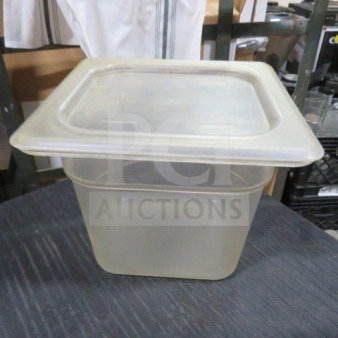 1/6 size 6-inch deep food storage container with lid, clear plastic, gently used, model 5XBID.