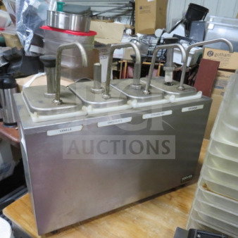 Server SS Quad Condiment Holder with pumps, labeled for vanilla, chocolate, strawberry, banana; stainless steel; used condition.
