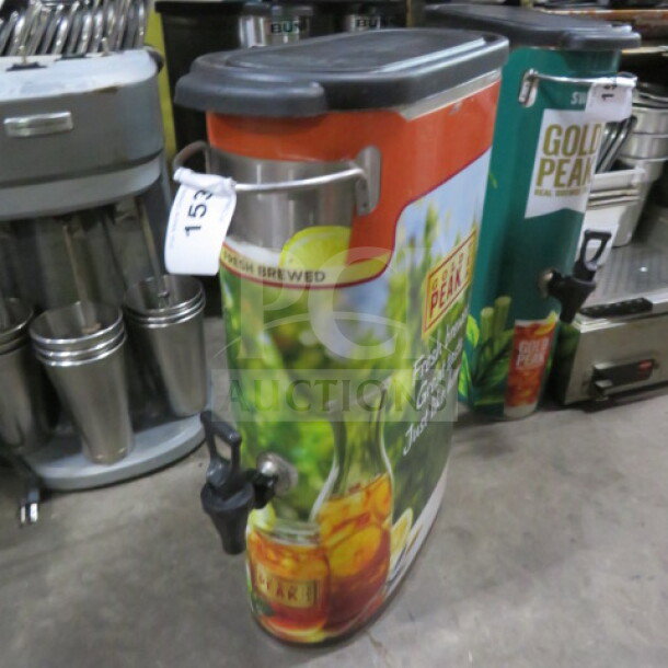 Bunn Slim Jim Satellite with lid, featuring vibrant iced tea graphics, spout, and handle. Good condition, tag visible.