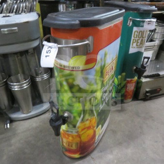 Bunn Slim Jim Satellite with lid, featuring vibrant iced tea graphics, spout, and handle. Good condition, tag visible.