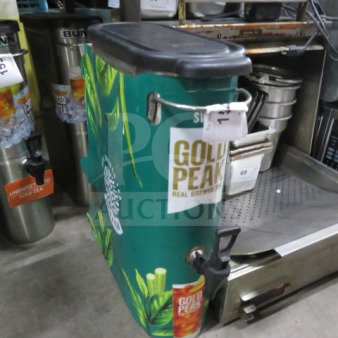 Bunn Slim Jim Satellite dispenser with lid, featuring Gold Peak branding, good condition, spout and handle visible.