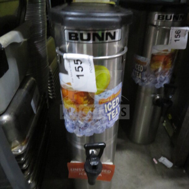 Bunn Slim Jim Satellite with Lid, stainless steel, used, includes iced tea label, tap, and auction tag number 155.