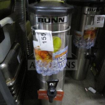 Bunn Slim Jim Satellite with Lid, stainless steel, used, includes iced tea label, tap, and auction tag number 155.