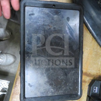 Samsung tablet with protective case, screen shows visible wear, sold without cords.