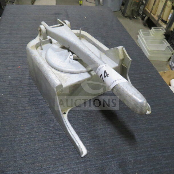 Stainless steel burger press with lever, number 14 label, used condition.