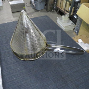 Stainless steel cone strainer with perforated holes, attached handle. Label displays "45." Used, good condition.