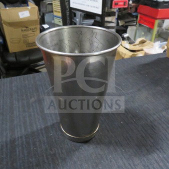 One stainless steel mixing glass, part of a lot of 25, in good condition with a brushed finish, no visible markings.