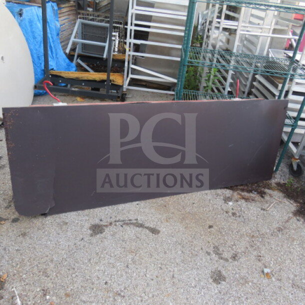 Hanging menu board, 72x25 inches, dark finish, minor surface scratches, suitable for restaurant or cafe display.