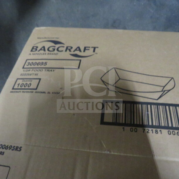 Cardboard box labeled "Bagcraft, #300695," containing one case of 1000 food trays, brand markings, and barcode visible.