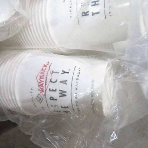 One lot of paper cups, branded "Wayback," stacked in clear plastic packaging.
