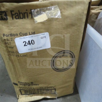 Box of 2500 Fabri-Kal portion cup lids, model XL250PC, PET clear, labeled with auction lot number 240.