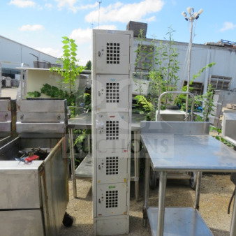 Winholt metal locker system, model WL-55, featuring five lockers, dimensions 12x12x66.5 inches, shown outdoors.
