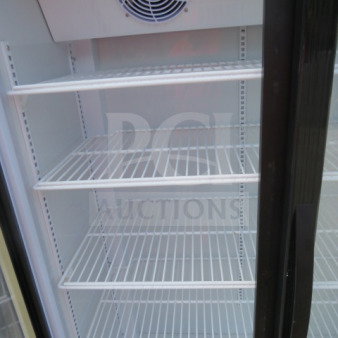 Two-door glass display cooler, Model LC600K-BK, with four adjustable shelves, dimensions 38x21x72.5 inches.