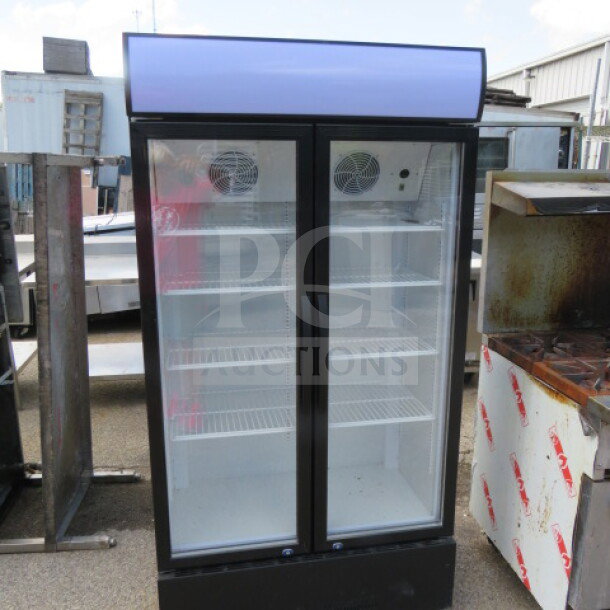 Two-door glass display cooler with four shelves, Model LC600K-BK. Dimensions: 38x21x72.5 inches.