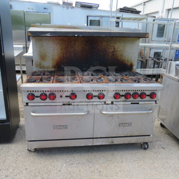 Motak MR10-C-S natural gas 10-burner range, stainless steel with over shelf, on casters, 60x33x60, used condition.