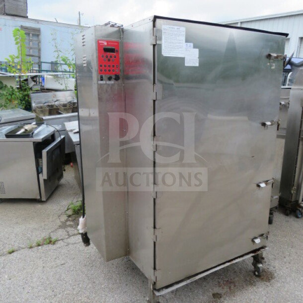Cookshack SM-360 Smart Smoker, 550lb capacity, on casters, stainless steel, 240V, 6000W, 48x39x71 inches, good condition.