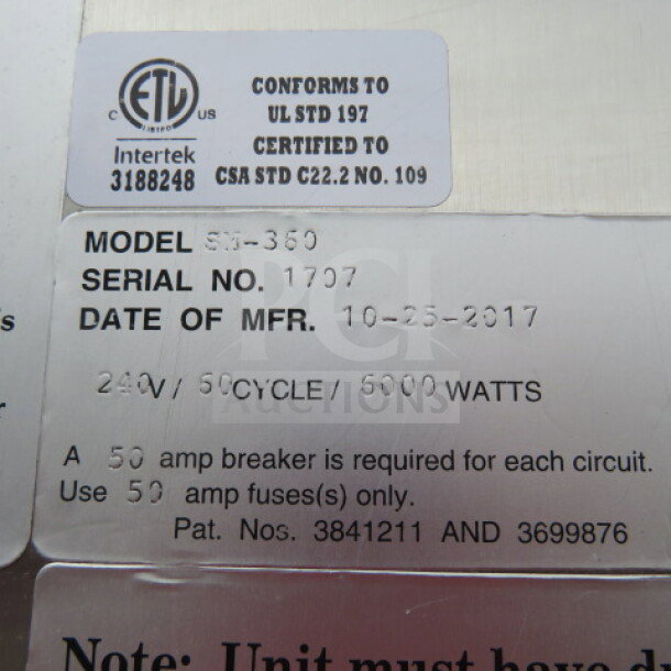 Cookshack SM-360 smoker label showing model, serial number, manufacture date, 240V, 6000W, UL and CSA certification.
