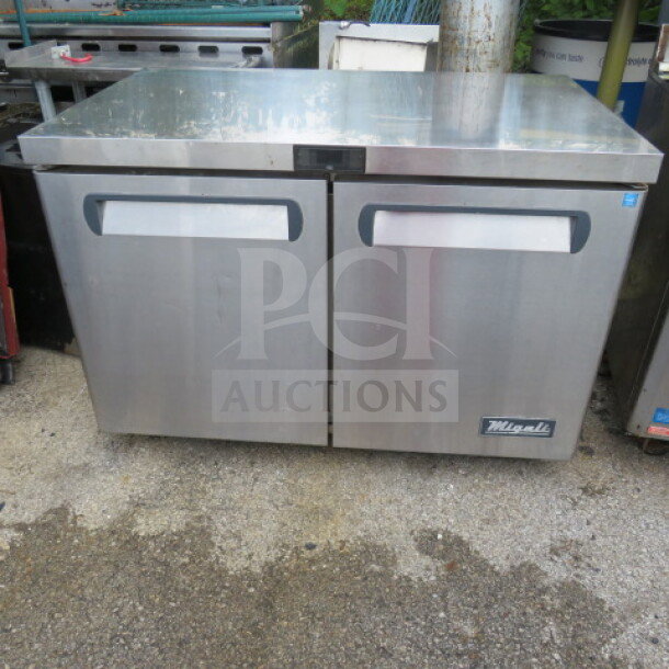 Migali 2-door stainless steel worktop refrigerator, model C-U48R-HC, 48x30x64, with 2 racks on casters, 115 volt.