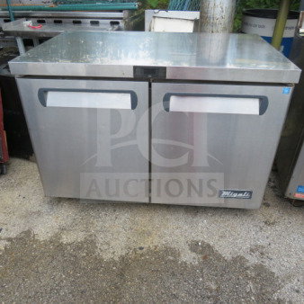 Migali 2-door stainless steel worktop refrigerator, model C-U48R-HC, 48x30x64, with 2 racks on casters, 115 volt.