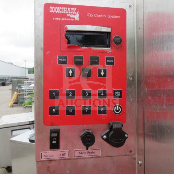 Cookshack SM-360 Smart Smoker control panel, red with IQ5 system, buttons for smoking and cooking modes, digital display.