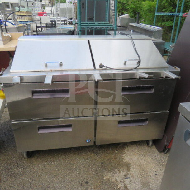 Hoshizaki 4-Drawer Mega Top Prep Table, Model CRMR60-24MD4, stainless steel, on casters, 115V, 60x30x45 inches.