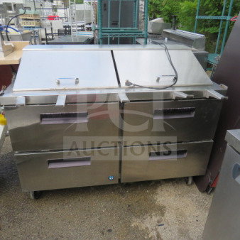 Hoshizaki 4-Drawer Mega Top Prep Table, Model CRMR60-24MD4, stainless steel, on casters, 115V, 60x30x45 inches.
