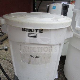 Rubbermaid Brute ingredient bin with lid, labeled "sugar," white, sturdy design, pre-owned, outdoor setting.