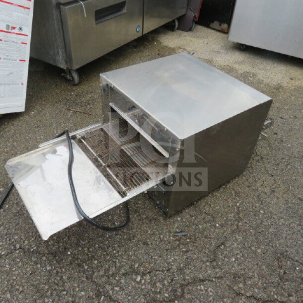 Omcan Infrared Conveyor Baker Oven, Model TS-7000, 240 Volt, shown in used condition with open conveyor tray.