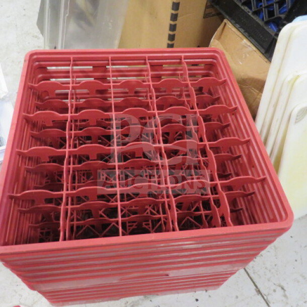 Deep red dishwasher rack with 25 compartments, excellent condition, sturdy plastic construction, ideal for commercial use.
