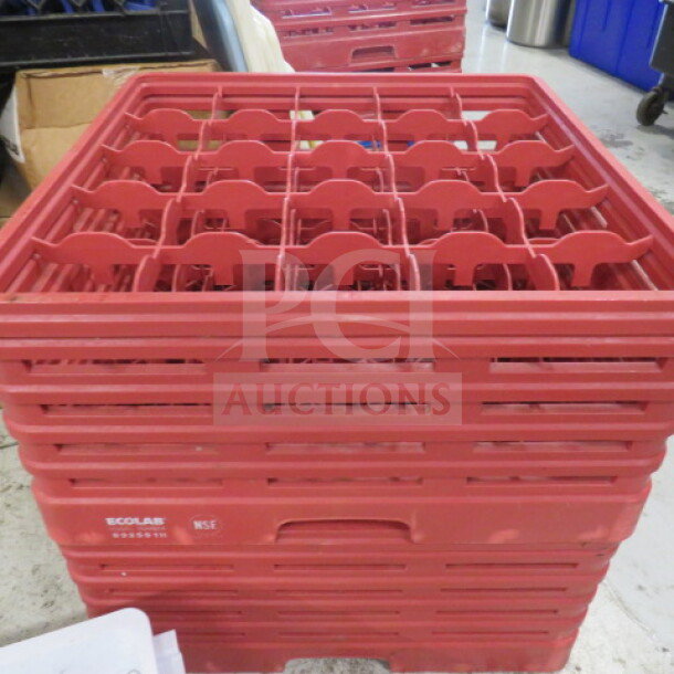 Deep red 25-hole dishwasher rack, stackable design. Features Ecolab branding, sturdy plastic construction, suitable for commercial use.