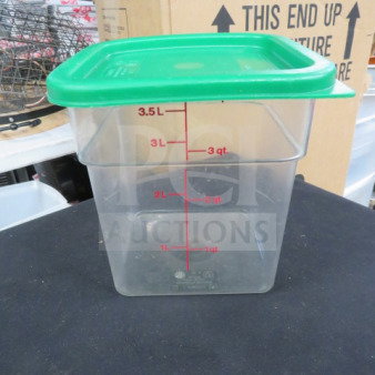 4 Quart Food Storage Container with green lid, clear body, red measurement markings up to 3.5 liters.