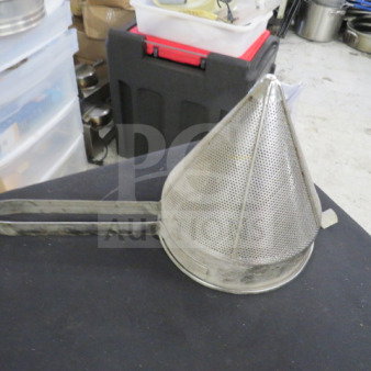 Stainless steel cone strainer, perforated mesh design, with handle, in good condition, ideal for kitchen use.