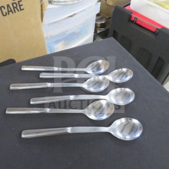 Six stainless steel serving spoons, polished finish, excellent condition, arranged on a dark surface.