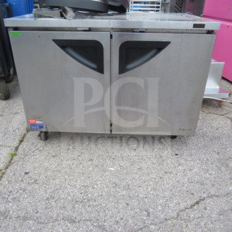 Turbo Air 2 Door Worktop Refrigerator, Model TUR-48SD-N, stainless steel, on casters, 115 Volt, includes 2 racks.