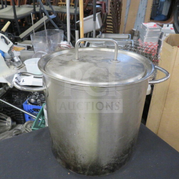 Vollrath Stainless Steel 27qt Stock Pot with Lid, Model 47723, used condition, durable cookware.