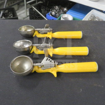 Three Yellow Handle Dishers, steel scoops, ribbed plastic handles, good condition, ideal for portion control. Model 3XBID.