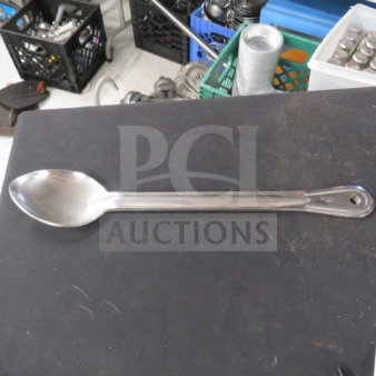 Stainless steel long handle spoon, model 3XBID. Features durable, polished finish, ideal for deep pots. Appears gently used.