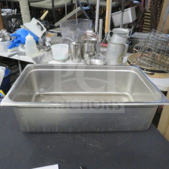 Full size 6-inch deep hotel pan. Stainless steel, used condition, minor scratches, model 2XBID. Ideal for catering.