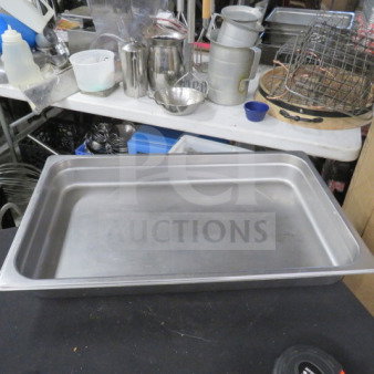 Full-size 2.5-inch deep hotel pan, stainless steel, used condition, ideal for commercial kitchen use.