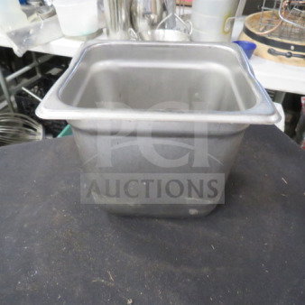 1/6 Size, 6-inch deep hotel pan, stainless steel. Used condition, minor scratches. Marking: "3XBID."