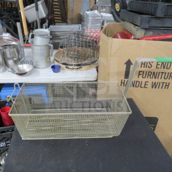 Metal deep fry basket, dimensions 9x17x6, with a sturdy handle, used condition, labeled 2XBID.