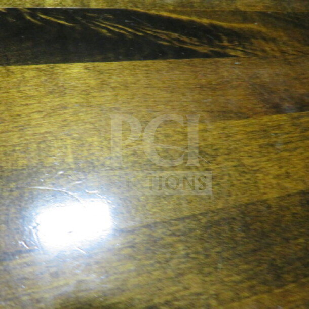 Solid wood butcher block table top, 1-1/2" thick, on dual pedestal base; dimensions 84"x30"x30". Smooth finish.