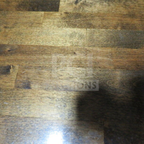 Alt text: Solid wood butcher block table top with rich grain, 1-1/2 inch thick, on a pedestal base, dimensions 30x30x30 inches.