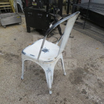 Vintage white-washed industrial metal chair, worn finish, sturdy design, visible wear on seat and legs, model 4XBID.