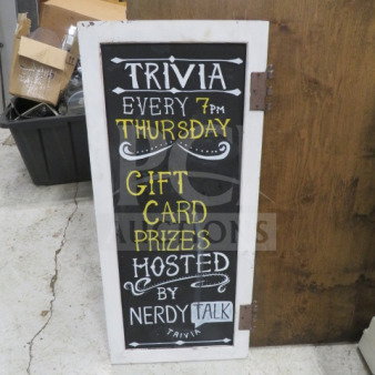 16x36 white wooden framed chalkboard with "Trivia" event details and decorative text. Good condition.